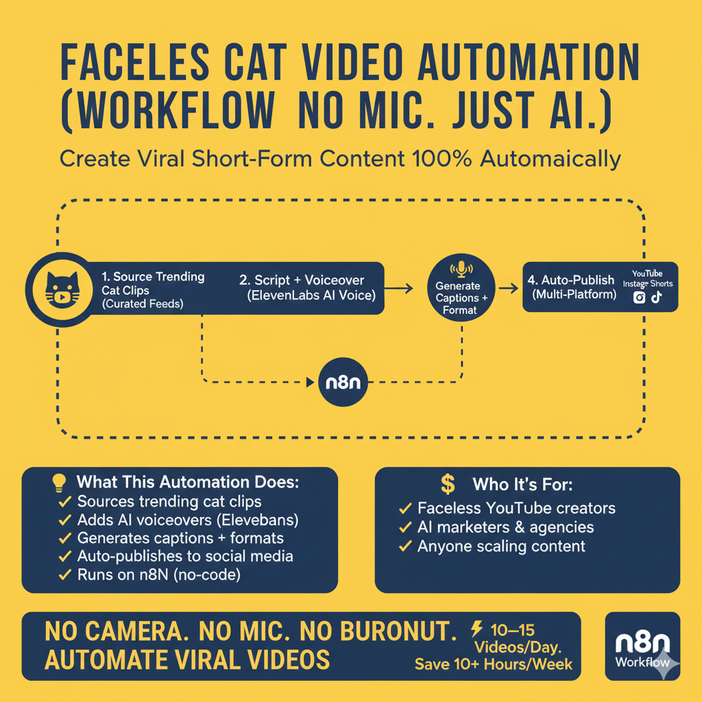 Faceless Cat Video Automation Workflow (No Camera. No Mic. Just AI.)