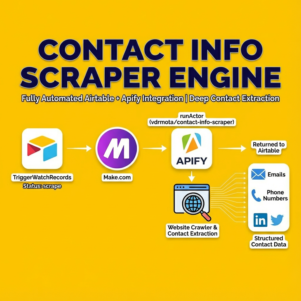 Contact Info Scraper Engine – Fully Automated Airtable Triggered Website Crawler (Make.com)