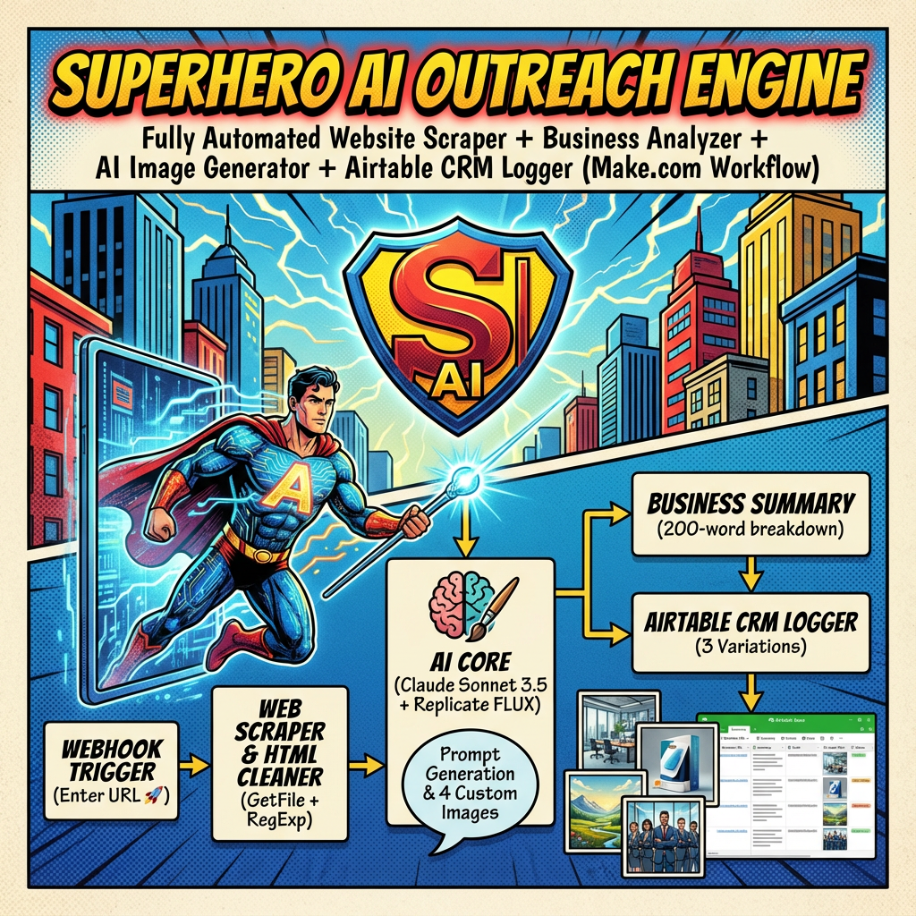 SuperHero AI Outreach Engine – Automatic Website Scraper + Business Analyzer + AI Image Generator + Airtable CRM Logger (Full Make.com Workflow)